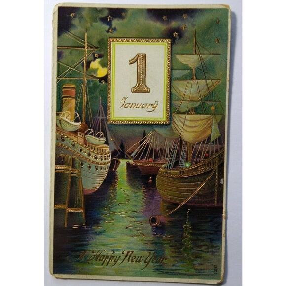 New Years Postcard Ships Boats Harbor Moon Stars 1237 Gel Germany Otto Schloss - Picture 1 of 5